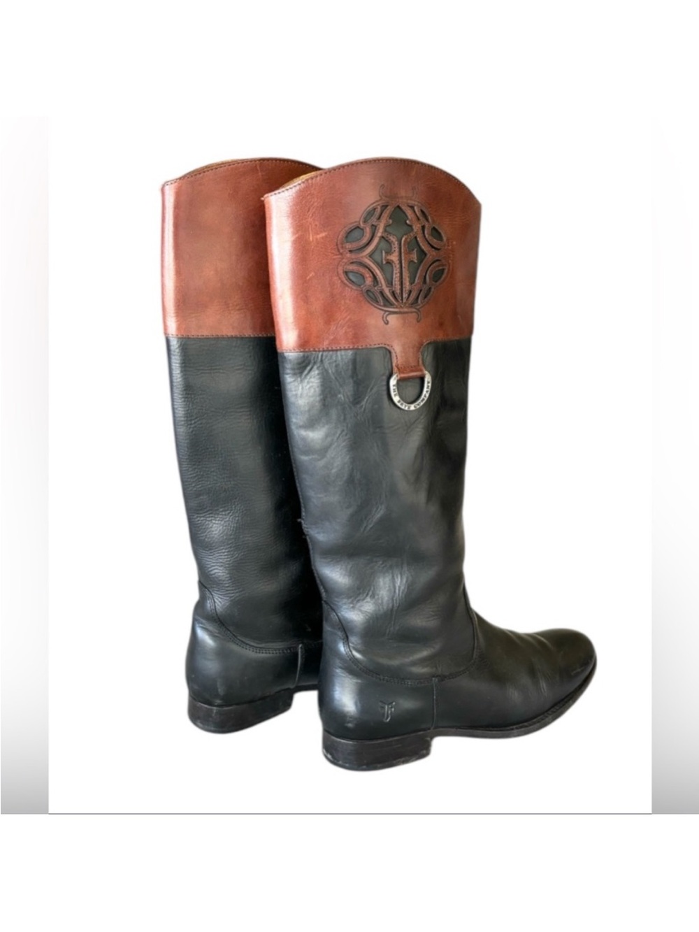 Frye Melissa Logo Black Brown Tall Leather Riding Boots Size 8.5 - Picture 3 of 14